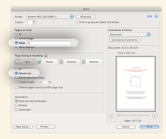 Ajustes de impresora para patrón PDF